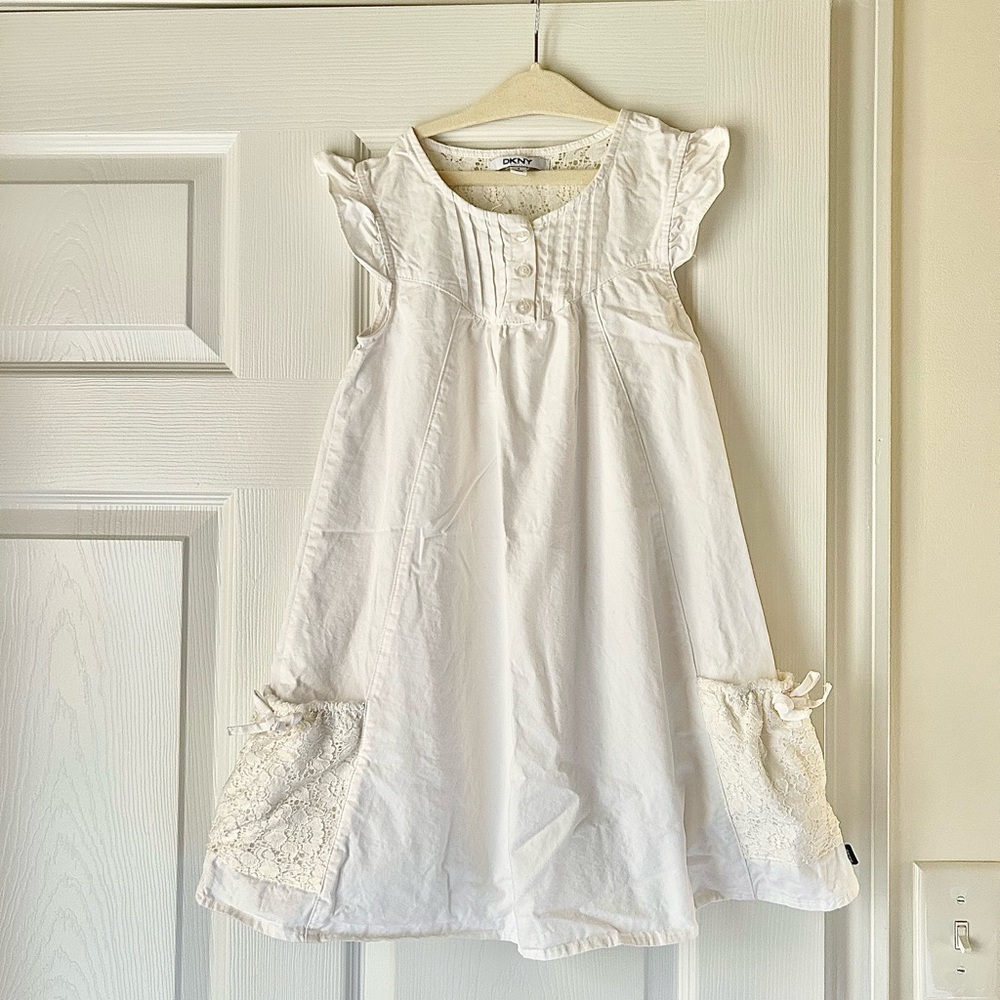 DKNY White Cotton Girls' Dress with Lace Pocket Accents eyelet beach summer
